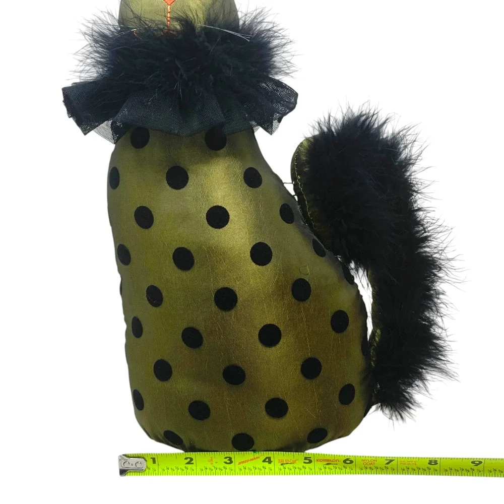 Halloween Cat Doorstop Weighted Plush Black Feather Decor Olive Green Polka Dot